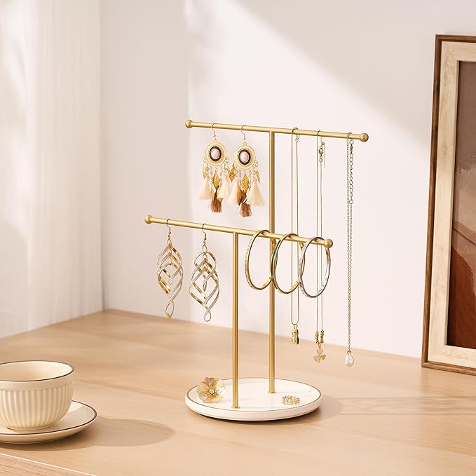 Gold Jewelry Holder Stand with Ceramic Tray: Small Hanging Necklace Organizer Tree for Earrings, Bracelets, Rings – Jewelry Display Hanger for Women & Girls, White