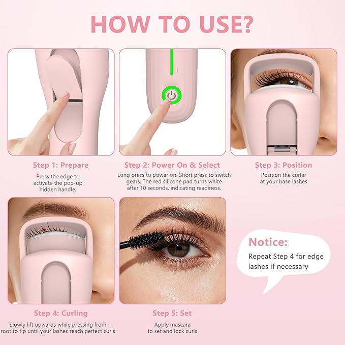 KOKABI Heated Eyelash Curler for Women, Mini Electric Lash Curler with 10S Heat 3S Style 24H Lift for Long, 3 Adjustable Temp & USB-C Rechargeable, Ergonomic Design, Travel-Friendly Makeup Tool Gift