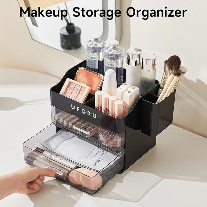 Makeup Organizer for Vanity with Brush Holder, Countertop Skincare Organizer with 2 Drawers, Spacious Cosmetic Display Case for Perfumes, Cologne, Shaving Lotion