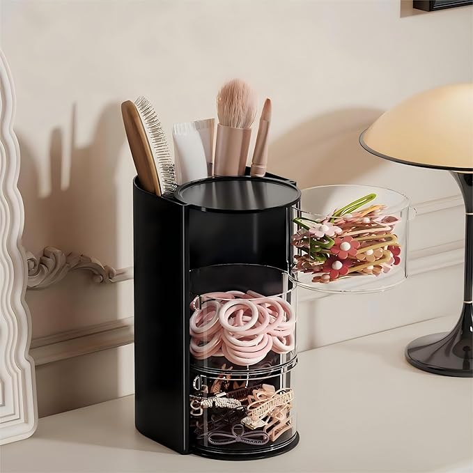Hair Accessories Organizer with Hair Brush Holder, Rotatable Makeup Brush Holder for Necklaces, Earring, Bracelet, Ring, Makeup Brushes, Hair Clip and Hair Accessories (Black, 3-Layer)
