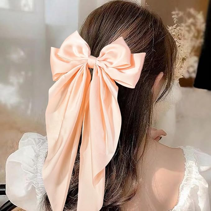 6 PCS Hair Bows for Women, Big Bow Hair Clips for Girls, Silky Satin Hair Bows Clips Oversized Long Tail, Large Cute Aesthetic Hair Accessories, Metal Bow Hair Clips Holiday Gifts Cherry
