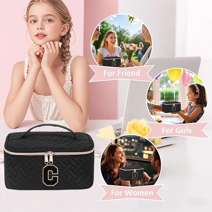 Gifts Initial Makeup Organizer Bag for Girls, Chenille Letter Personalized Cosmetic Bag with Zipper | Preppy Quilted Portable Makeup Pouch Teen Birthday Gifts (T, Balck)