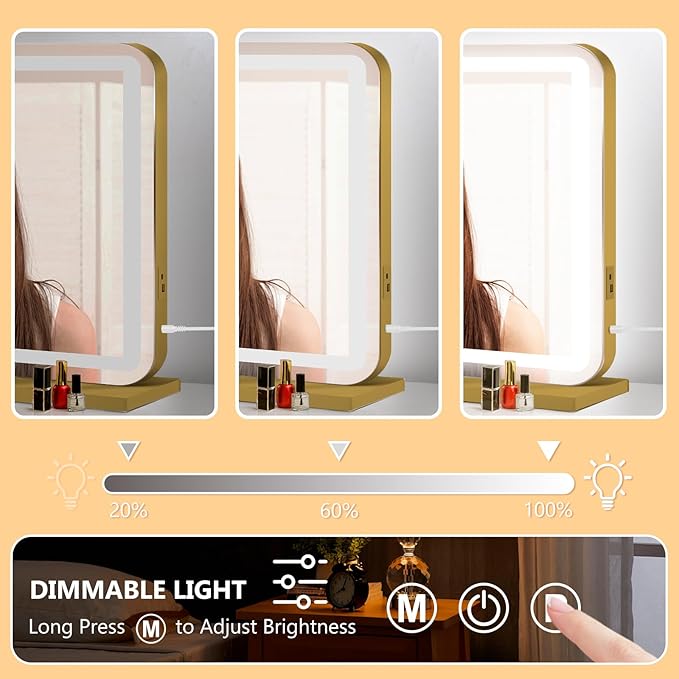 23"x18" Gold Vanity Mirror with Lights, Led Makeup Mirror, Lighted Makeup Mirror with 3 Color Dimmable Lights, Smart Touch Screen Control, Aluminum Metal Frame,USB Charging Port