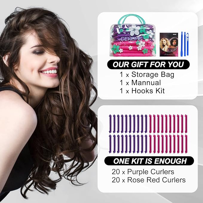 40pcs Heatless Spiral Hair Rollers with Styling Hooks, 22inch/55cm, No Heat Damage, DIY Kit for Long & Medium Hair