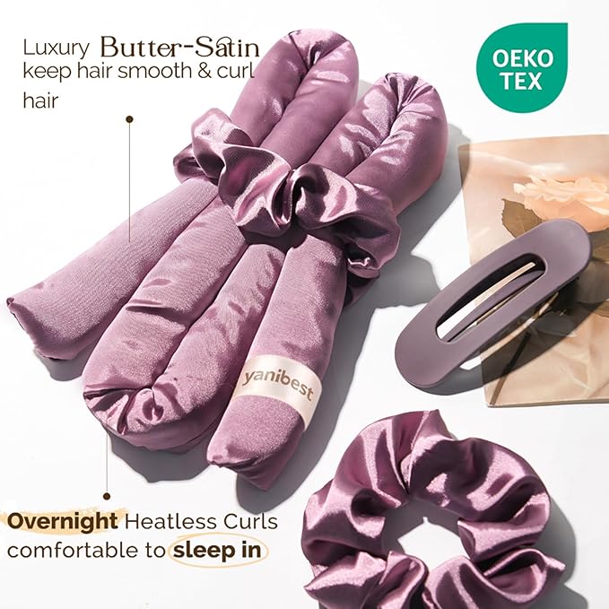 Yanibest Satin Heatless Curler Set, Overnight Hair Curler to Sleep in, No Heat Heatless Curl with Scrunchies and Clip，Purple