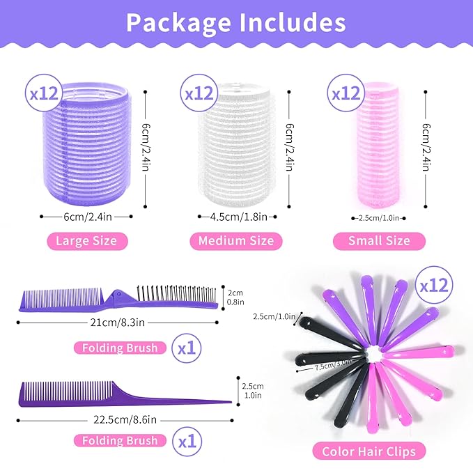Hair Rollers Large Small 50PCS Set, 36PC Large Medium Small Hair Rollers for Volume Curlers with 12PC Clips 1 Tail Comb and 1 Folding Brush Comb for Short Medium Blowout Look Long Hair
