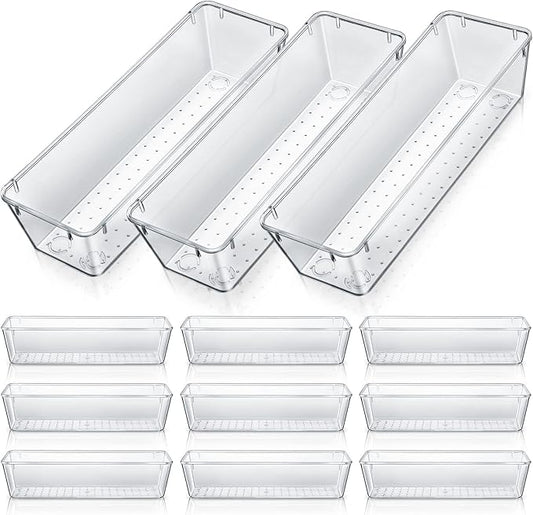 Maitys 12 Pcs Vanity Drawer Organizer 9 x 3 x 2 Inches Clear Plastic Utensil Organizers Kitchen Drawers Dividers for Office Desk Silverware Kitchen Utensils Cosmetics and Bathrooms(Clear)