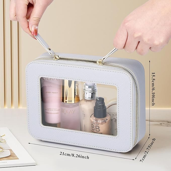 Clear Travel Makeup Bag with Brush Case Portable Transparent Cosmetic Bag and Toiletry Bag Waterproof Makeup Organizer with Zipper Car Essential for Women (Gray, M+Slim)
