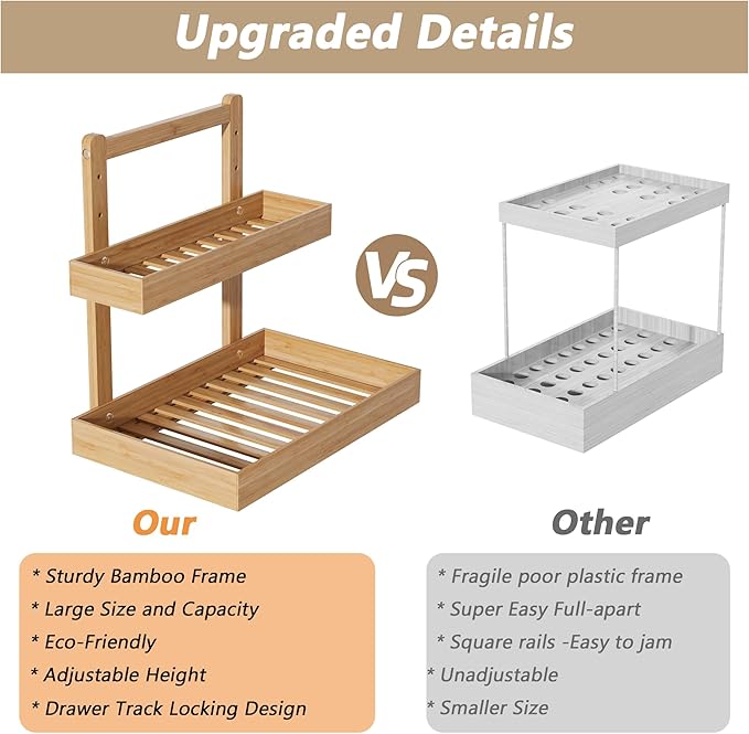 Bamboo Under Sink Organizer and Storage, 2 Tier Pull Out Cabinet Organizer, Slide Out Under Sink Storage Shelf, Undersink Organizers Shelves for Kitchen Bathroom Organization