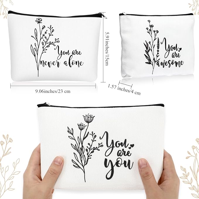 Coume 10 Pcs Valentines Canvas Makeup Bags Bulk, Inspirational Quotes Cosmetic Zipper Encouragement Travel Pouch Toiletry Bag Women Teacher Friend Birthday Gift(White,Aesthetic)