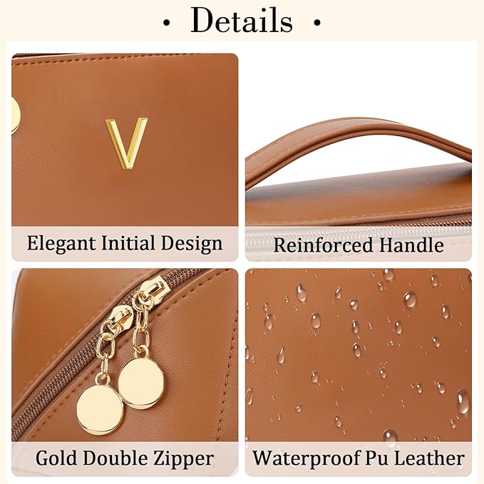 Birthday Gifts for Women Teen Girl, Personalized Initial Makeup Organizer Bag Set, Open Flat Travel Cosmetic Bag With Clear Divider and Handle(Brown,V)