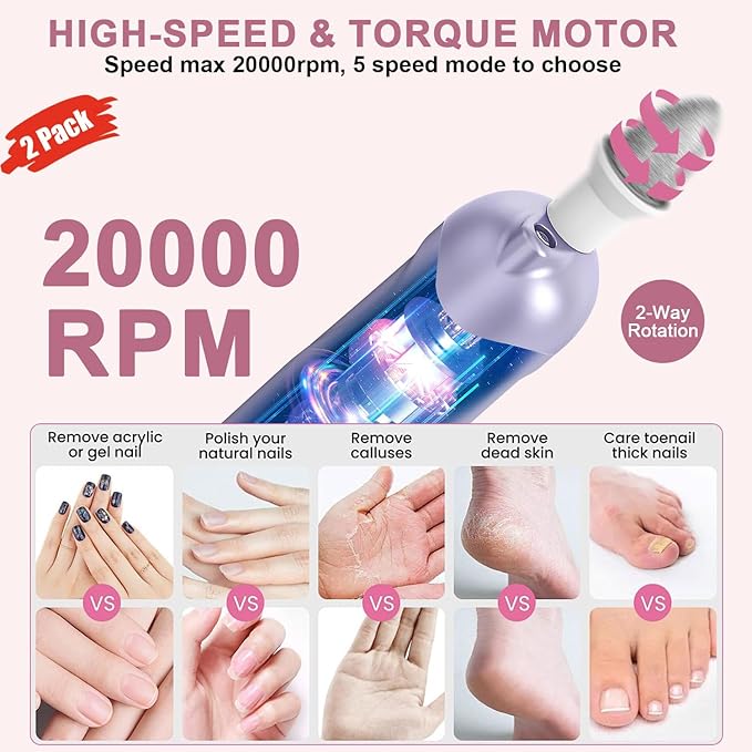 2 Pack 9-in-1 Cordless Nail Drill Kit: 100 Bits, 5 Speeds – Your Ultimate Manicure & Pedicure Solution,Purple