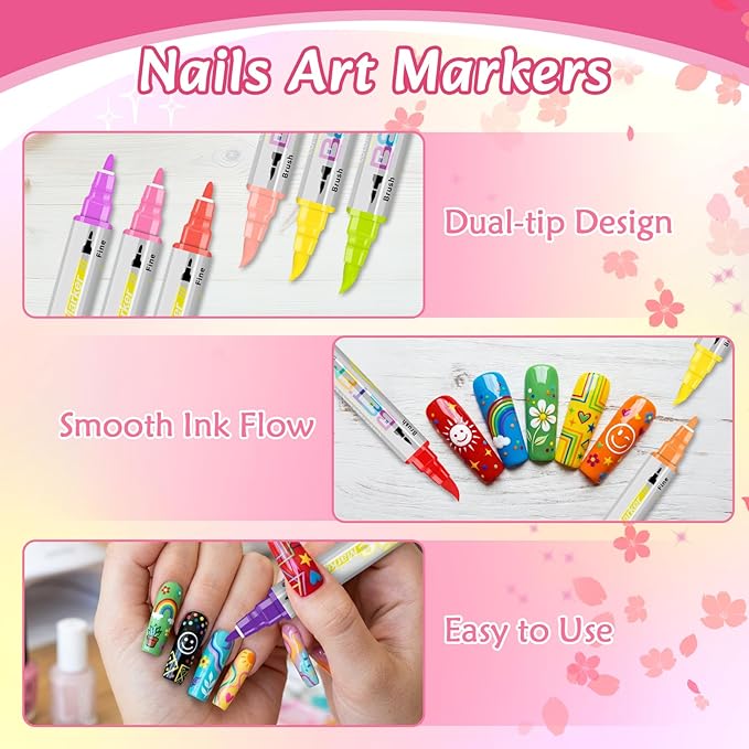 Betem Nail Art Pens Set, Dual Tip 30 Colors Nails Art Markers Non-Toxic, Quick-drying Nail Polish Pens, Acrylic Nail Kit for Home & Salon DIY, Easy French Manicure Tool, Gifts for Mom, Friends