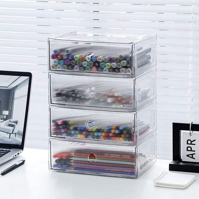 Clear Drawer Organizers for Office, Plastic Storage Box for Art Supplies, Marker Pen, School Stationery, Colored Pencils, Kitchen Accessories, Stackable Bathroom Makeup Container, 4 Drawers