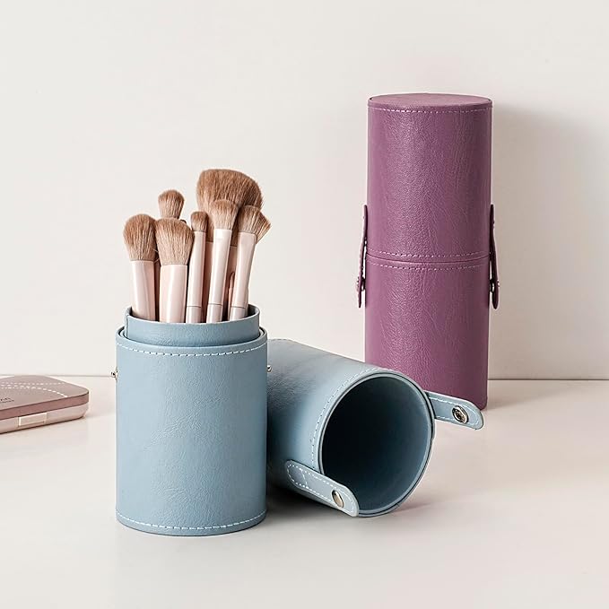 Portable Makeup Brush Holder, Waterproof PU Leather Travel Makeup Brush Case Bag Cup, Brush Storage Dustproof Bag (08Light Blue)