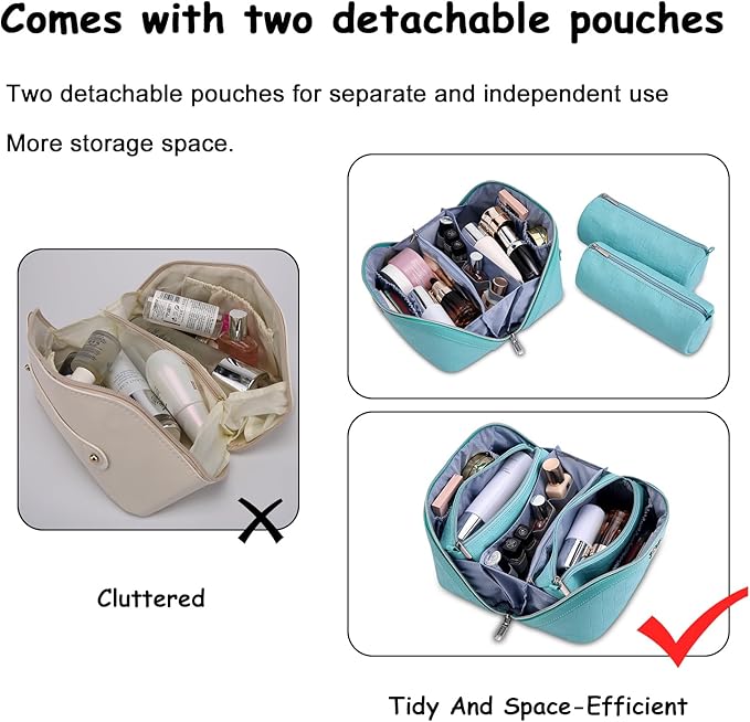 BOYATU Travel Makeup Bag Organizer Cosmetic Bag: 3 Pcs Set Make up Bags for Women with Handle - Waterproof Vegan Leather Toiletry Bags Travel Essentials Pouch with Compartments (01-C-Blue)