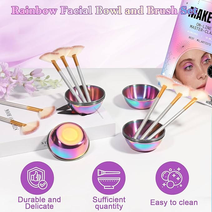 16 Pcs Rainbow Esthetician Supplies 8 Facial Fan Brushes Esthetician 8 Rainbow Stainless Steel Mixing Bowls Face Mask Brush Facial Bowls Esthetician for Mud Cream Makeup Spa Salon Women