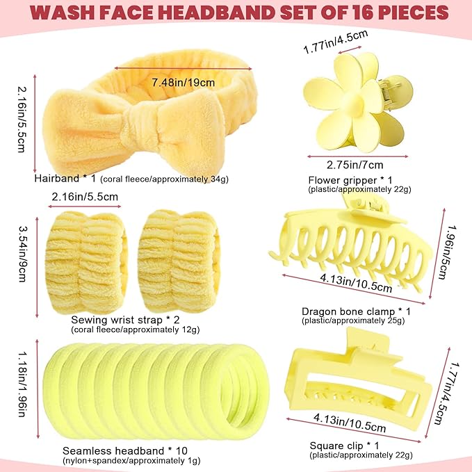 16 Pcs Skincare Headband Set, Face Washing Headband with Wristbands, Hair Claw Clips & Hair Ties, Spa Headbands for Women Girls, Perfect for Facial, Makeup, Shower, Gift Ready Box
