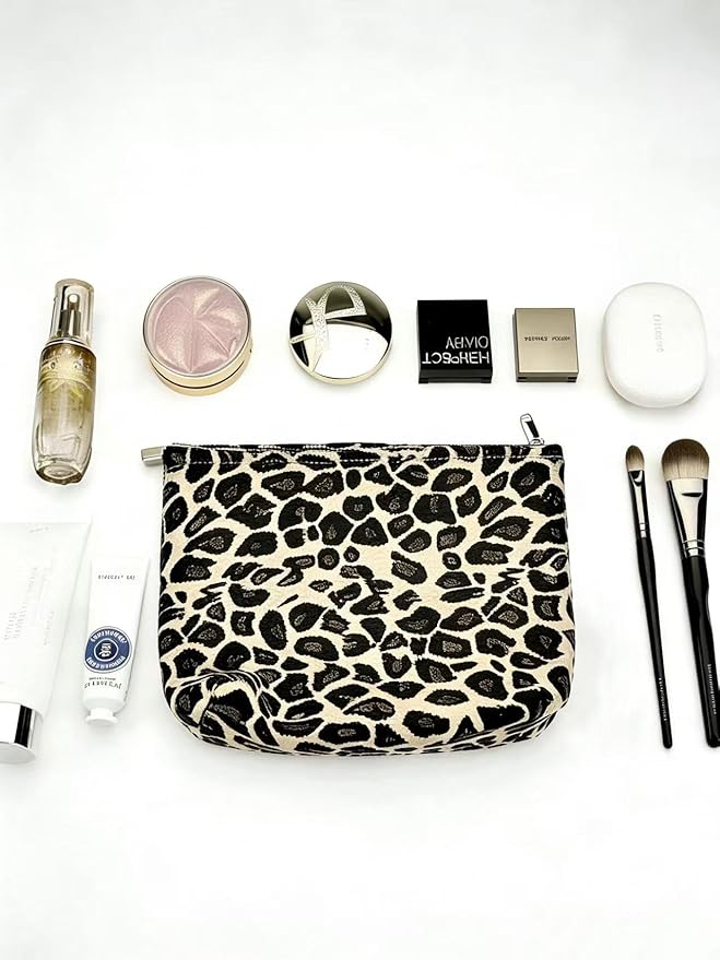 Brown Leopard Canvas Makeup Bag Organizer for Women & Girls - Large Capacity Travel Toiletry Pouch | Purse Organizer Cosmetic Zipper Bag