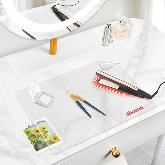 Silicone Makeup Mat for Vanity, 15.4" x 11.6" Heat Resistant Clear Desk Mat, Easy to Clean Water Vanity Protector Mat, Portable Makeup Accessories for Use While Traveling (Clear)