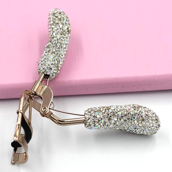 Bling Rhinestones Makeup Eyelash Curler with Refill Silicone Pressure Pads and Spring Loaded for No Pinching or Pulling (Silver)
