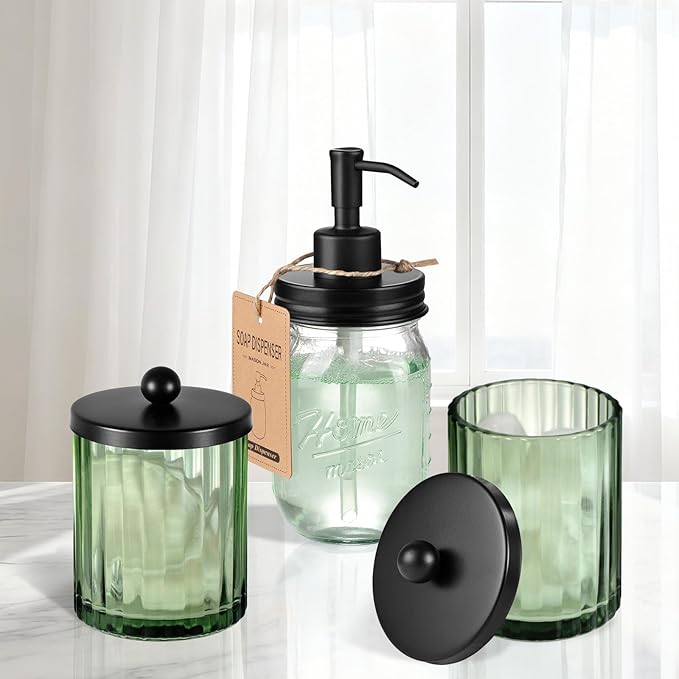 Amolliar Sage Green Glass Apothecary Jar, Qtip Holder Dispenser for Cotton Swabs, Balls, Makeup Pads, Floss Picks, Bathroom Essential Accessories, Countertop Canister Storage Organizer (Black, 2 Pack)