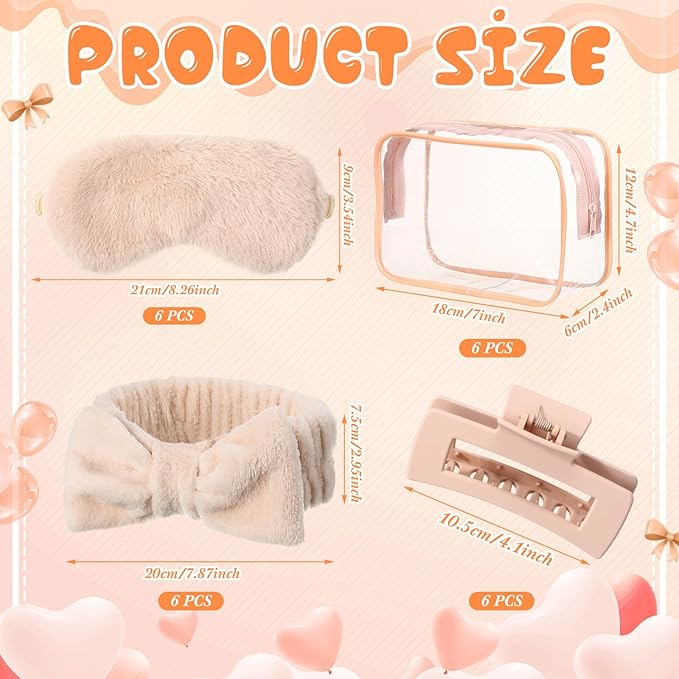 Hoteam 24 Pcs Galentine Spa Party Favors Supplies 6 Spa Headband 6 Plush Sleep Eye Mask 6 Hair Claw Clips 6 Clear Cosmetic Bags for Adult Sleepover Slumber Party Valentine Gift(Beige)