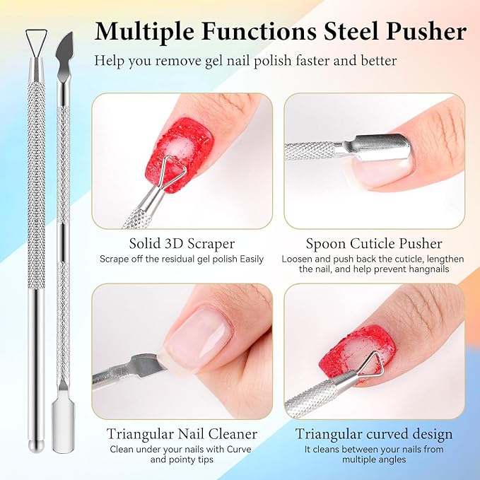 JODSONE Professional Gel Nail Polish Remover Kit:2Pcs 15ML Quick Gel Nail Polish Remover,15ML Cuticle Oil and Latex Tape Liquid,2 Sanding Strips and Steel Pushers,Remove at Home without Going Salon