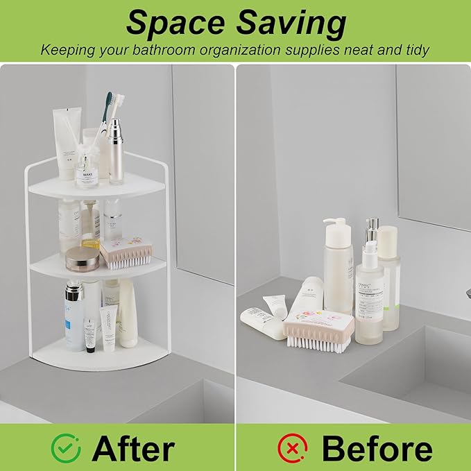 3 Tier Corner Bathroom Counter Organizer, Countertop Organizer, Vanity Organizers, Bathroom Storage Sink Shelf, Wooden Metal Counter Shelf, Perfume Organizer for Makeup Tray (Large Capacity-White)