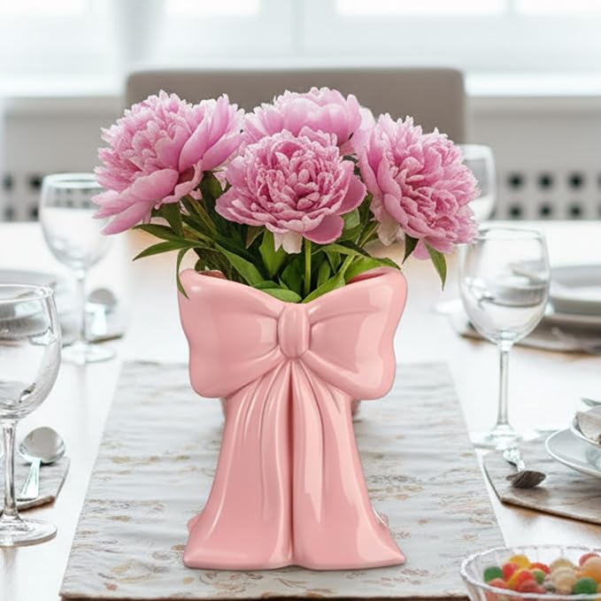 Bow Vase Coquette Ceramic Vase Pen Holder Makeup Brush Holder Contemporary Design Decorative Women Gift for Christmas Home Office Shelf Table Room(Soft Pink,Medium,Elegant)