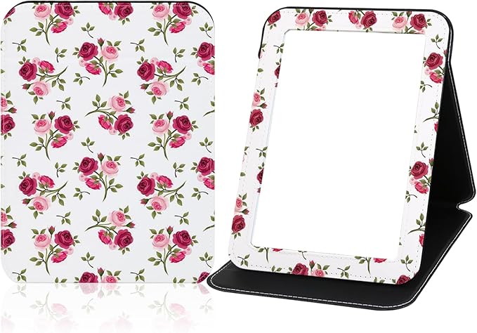 Mirror Folding Portable Travel Makeup Compact Personal Hand Mirror PU Portable Adjustable Rectangular Ultrathin Vanity Mirror with Stand, for Travel, Camping,Home, Office & On-The-Go (Rose Pattern)