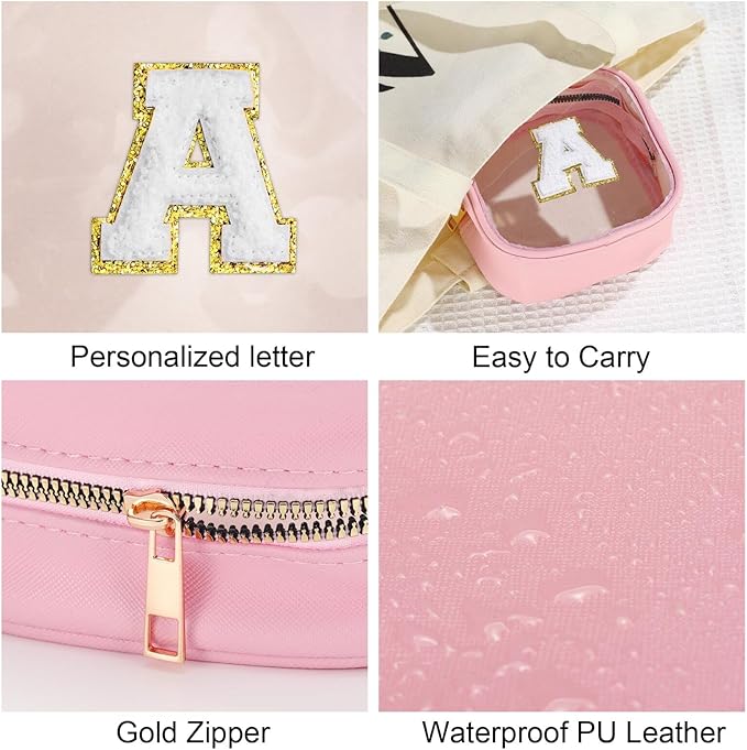 YOOLIFE Mini Initial Makeup Bag | Travel Toiletry Bag | Clear Makeup Bag | Travel Essentials Gifts for Women Teen Girlfriend Teacher Birthday Gifts | Clear Toiletry Bag Small Mini Cosmetic Bag Pink L