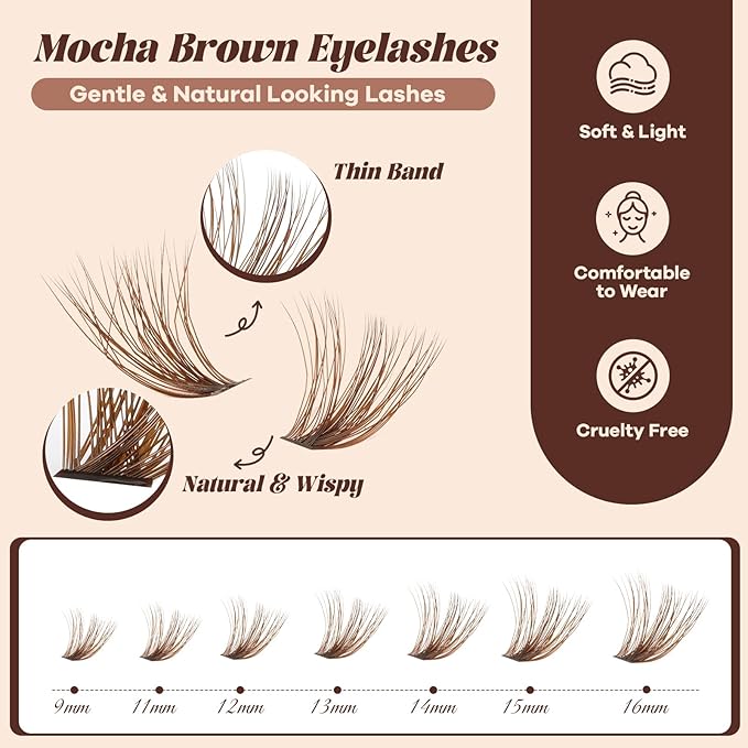 B&Q Mocha Brown Lash Clusters Kit | 280 Pcs Brown Wispy & Natural Eyelash Clusters for Beginner DIY, Complete Lash Extension Kit with Bond and Seal, Fake Eyelashes for Natural Look（40D+50D 9-16mm)