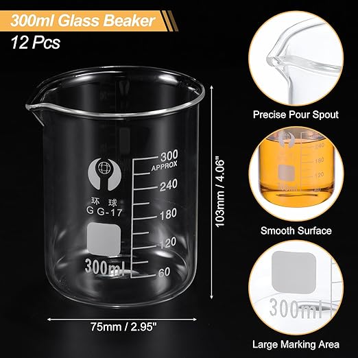 PATIKIL 300ml Low Form Glass Beaker, 12 Pack 3.3 Borosilicate Glass Graduated Printed Scale Measuring Cups with Spout for Kitchen Lab Liquids