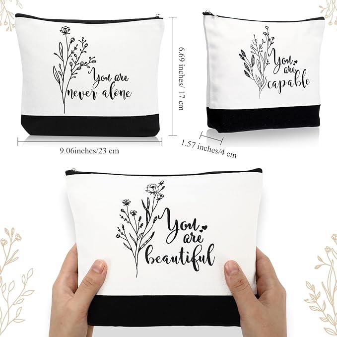 Coume 10 Pcs Valentines Canvas Makeup Bags Bulk, Inspirational Quotes Cosmetic Zipper Encouragement Travel Pouch Toiletry Bag Women Teacher Friend Birthday Gift(Black White,Aesthetic)
