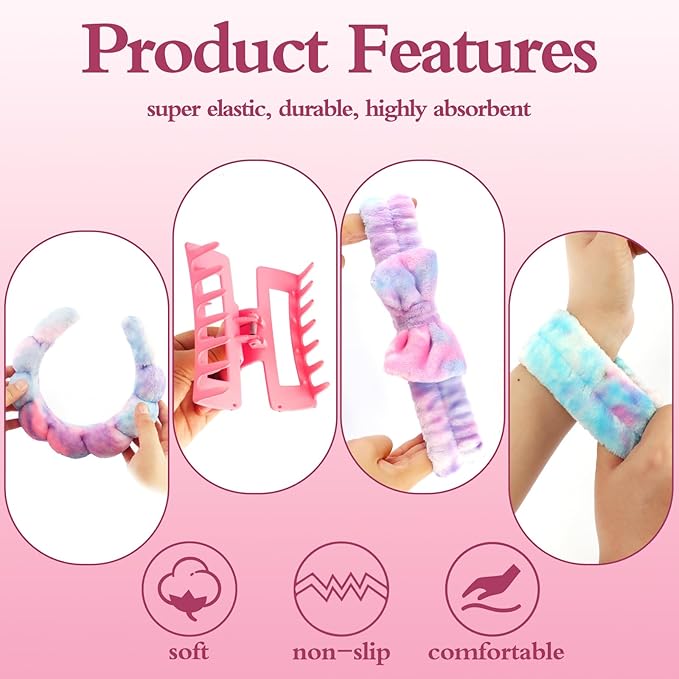 Canitor Spa Headband Wrist Bands with Hair Clips Skincare Makeup Self Skin Care Washing Face Vanity Accessories Things Teens Teenager Tween Clean Girl Gifts Cute Tie Dye Trendy Stuff