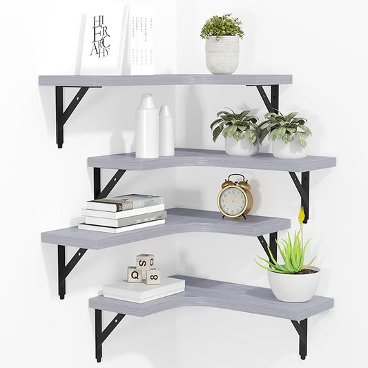 ROMGUAR CRAFT Corner Floating Shelves Wall Mounted Set of 4, Rustic Wood Storage Display Shelves for Home Decor, Bathroom, Kitchen, Bedroom, Living Room, Office (Light Grey)