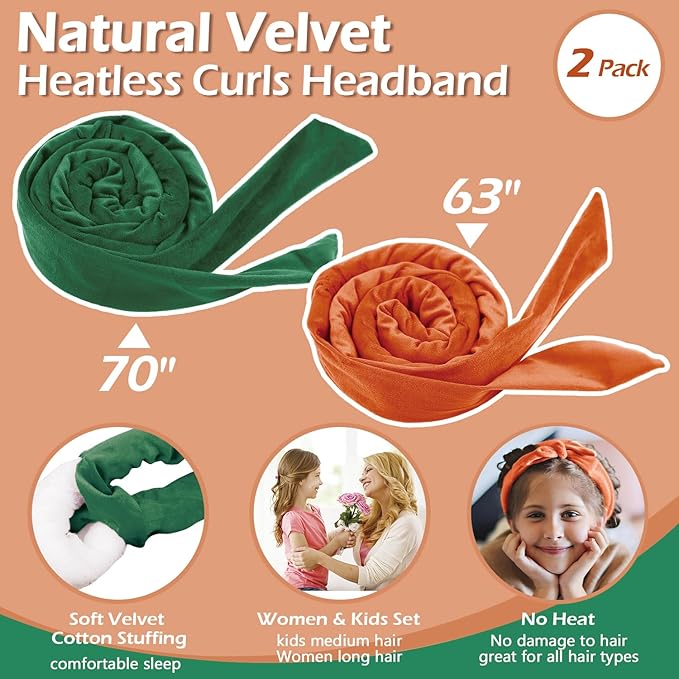 Heatless Curls Overnight Headband, 70'' No Heat Hair Curlers for Medium Long Hair, Green Orange