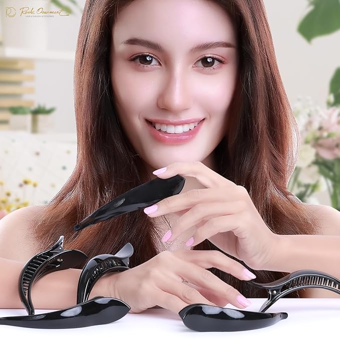 RC ROCHE 6 Pcs Duck Bill Alligator Hair Clips for Women Sectioning Flat Claw Long Thick Hair Inner Teeth Curved Styling Jaw Strong Secure Grip Salon, Medium Black