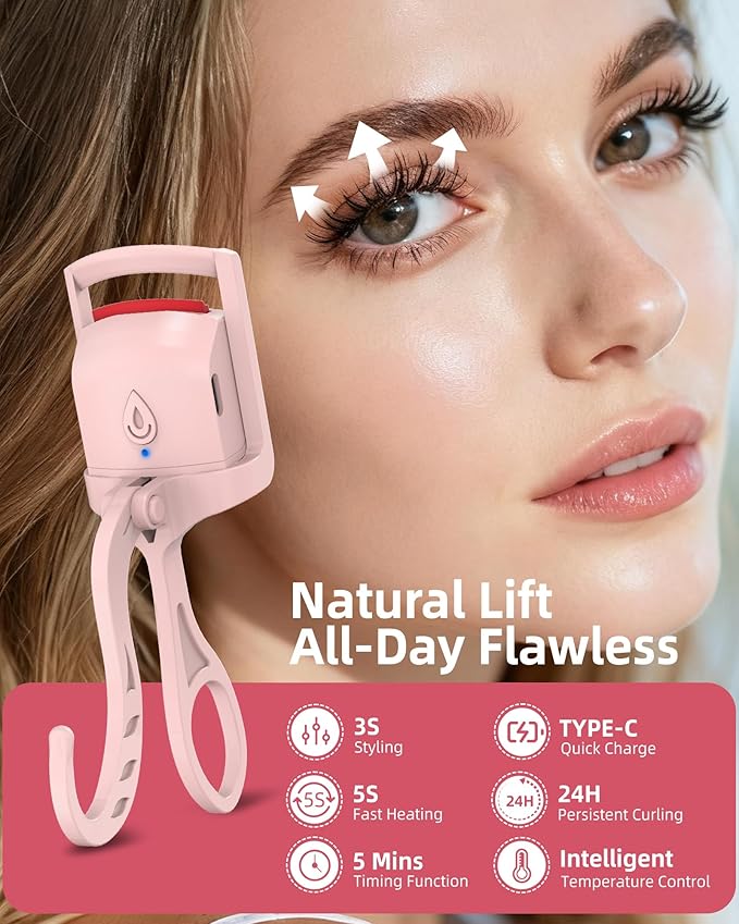 Heated Eyelash Curler, 5s Fast Heating Electric Eyelash Curler, Safe Anti-Burn Eyelash Curlers with Silicone Pad, Type-C Quick Charge, Intelligent Temp Control, 24H Long-Lasting Curls (Pink)