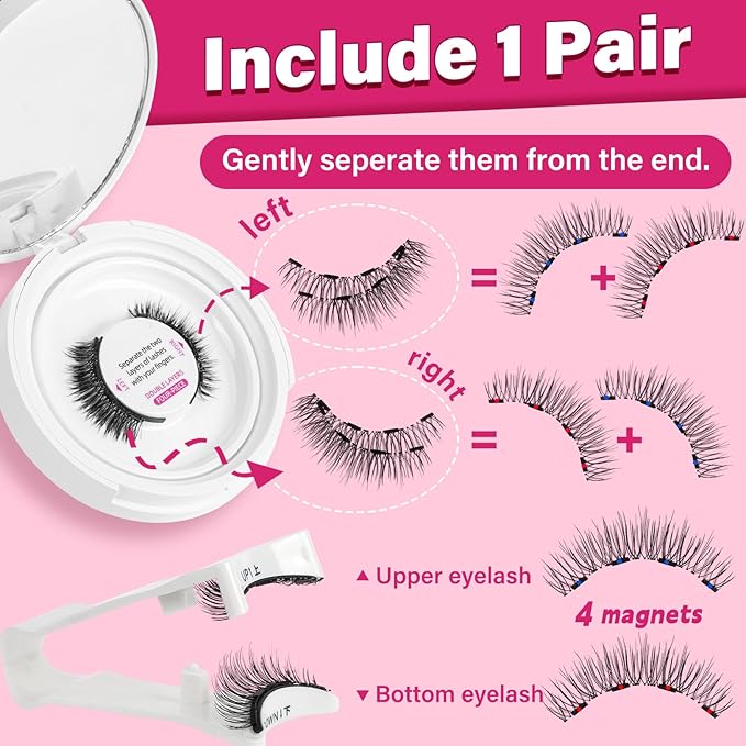 Magnetic Eyelashes With Applicator Long Lasting and Reusable Magnetic Lashes Kit 4Pcs Magnets Per Piece No Glue Needed False Eyelashes Waterproof,Cruelty Free,Easy To Wear (1pair, Intimacy)