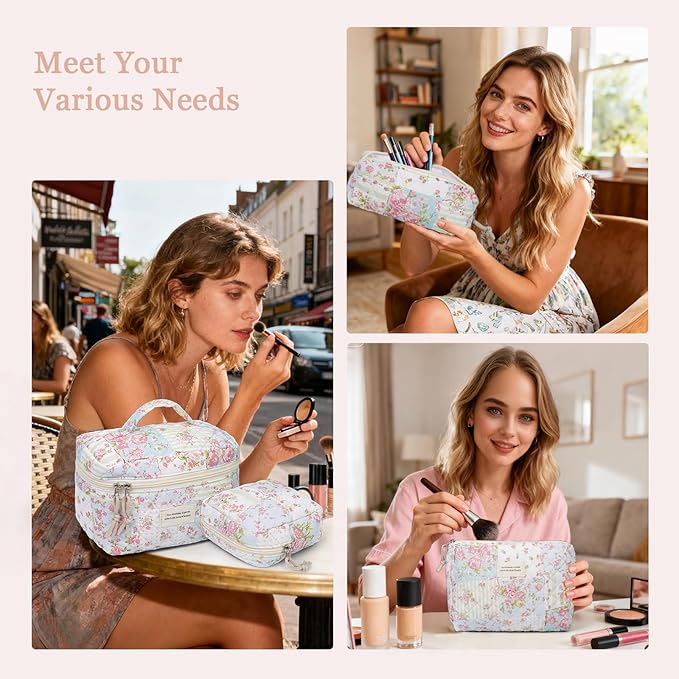VIWIME Makeup Cosmetic Bag, Large Cotton Quilted Travel Coquette Aesthetic Cute Floral Make up Bag for Women Toiletry Bag Organizer (304-PinkPuzzle)