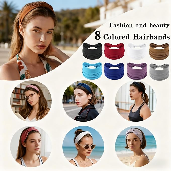 Wide Elastic Head Bands,Fashion,Makeup, Large Knotted Soft Headband for Washing Face, Sports Stretchy Sweat Bands,Headbands for Women, Non-Slip Thick Hair Bands,Workout, Spa, Running, 8-Pack