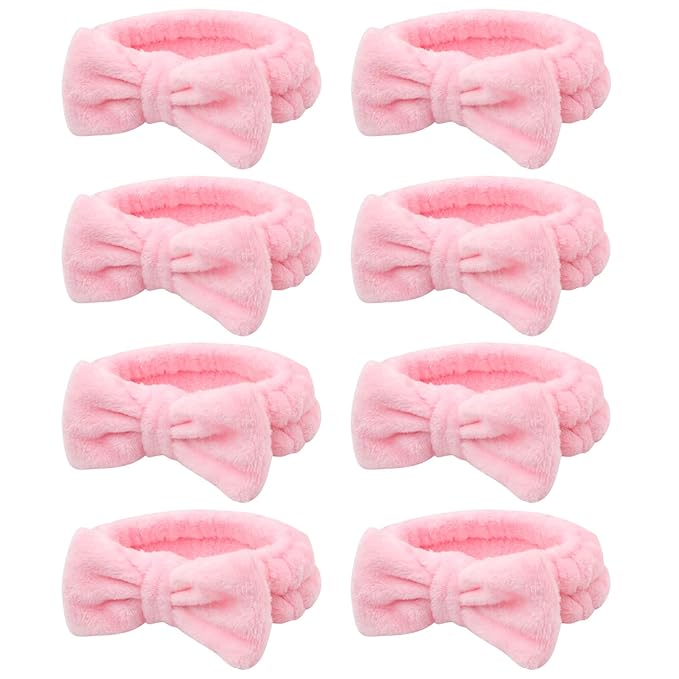 Semato 8 Pcs Pink Spa Headband for Washing Face and Makeup Bridesmaid Proposal Gifts for Women Coral Fleece Skincare Headbands Elastic Bow Head
