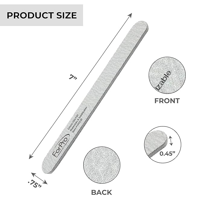 ForPro Professional Collection Zebra Foam Board, 180/180 Grit, Double-Sided Manicure Nail File, 7” L x .75” W, 50-Count