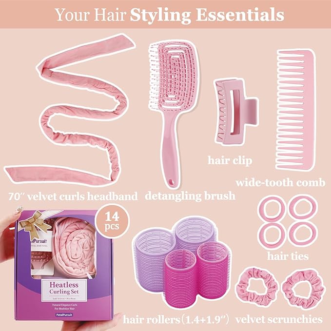 Heatless Curls Overnight, 70'' Velvet Hair Curlers for Long Hair, No Heat Hair Rollers - Pink