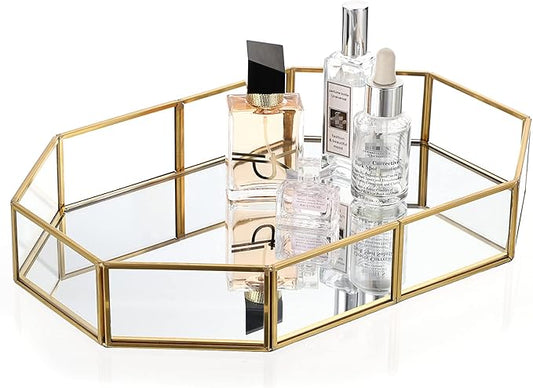Hipiwe Gold Perfume Tray - Glass Mirror Makeup Tray Ornate Vanity Tray Dresser Tray Jewelry Trinket Organizer Tray for Bathroom Storage Tray for Home Decor,12.4"x 8.5"
