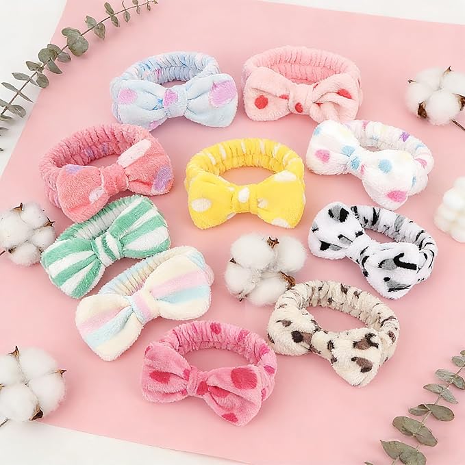 10 Pack Plush Bow Skincare Headbands - Assorted Colorful Polka Dot & Patterned Spa Headbands for Women & Girls, Pajama Parties, Birthday Gifts, Back to School, and Daily Skincare