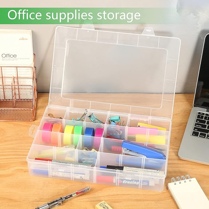 Large 24 Grids Plastic Organizer Box Adjustable Dividers,Clear Storage Box for Jewelry, Art DIY Crafts, Washi Tapes, Beads and Small Parts(2 Pack)