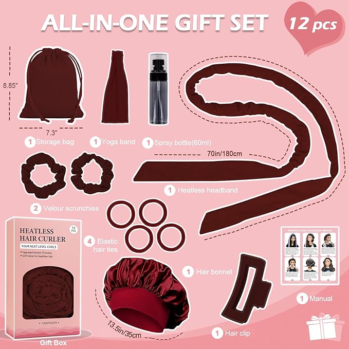 Heatless Curls Overnight Headband, 70'' No Heat Hair Curlers with Hair Bonnet for Sleeping, Wine Red